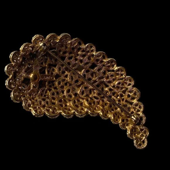 Vintage Signed ART Art Pepper Gold Plated Crystal Fall Cornucopia Brooch Jewelry - Picture 7 of 10